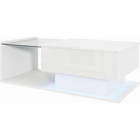 Hochglanz-Couchtisch in Weiß mit Tischplatte aus gehärtetem Glas, Hebefunktion und LED, MODENUIT (1/5)