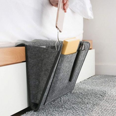 Sac de Rangement de Chevet, Feutre Poche de lit,Organiseur pour lit,Poche de Lit Sac de Rangement pour Téléphone Télécommande, Magazine, Lunettes, Livre, Pad (Gris foncé) (1/4)