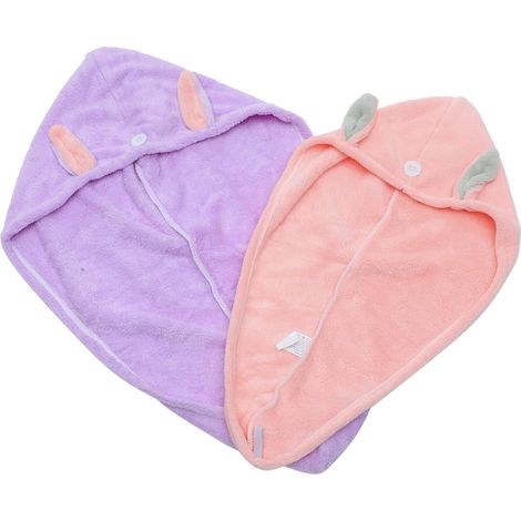 2pièces Serviette De Séchage Rapide pour Cheveux Femmes Enveloppante Absorption Eau Motif Oreilles De Lapin pour Fille (1/5)
