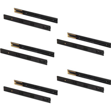 Emuca Lotto di 5 set guide per cassetti, a sfera, altezza 45 mm, profondità 400 mm, estrazione totale, chiusura soft, Nera