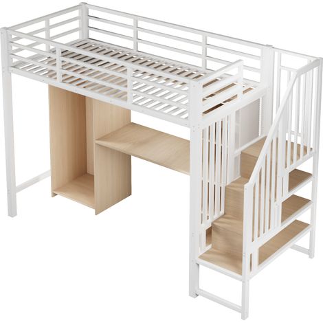 Lit mezzanine, 90 x 200 cm, cadre en fer, avec rangement, armoire, bureau, structure d’escaliers avec rangement, sans matelas, blanc (1/5)
