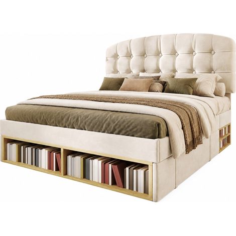Cama doble 140x190 de terciopelo beige con somier, cabecero regulable, cajones y almacenaje (1/5)
