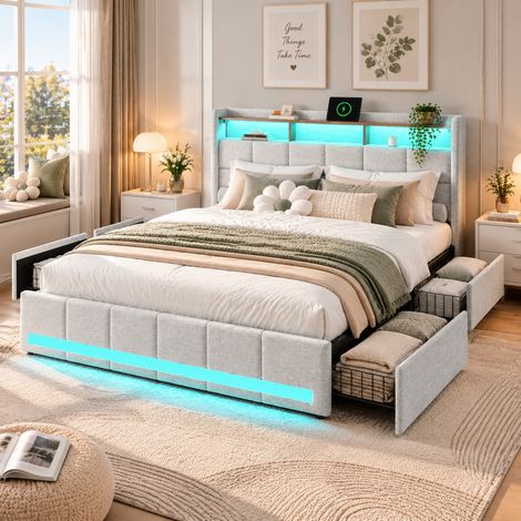 Lit double 160x200cm avec sommier, lit coffre avec 4 tiroirs de rangement, Tête et pied de lit avec LED, tête de lit avec rebord anti-chute, 2 USB et 1 Type-C, pour chambre adulte, lin beige