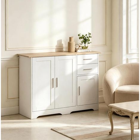 Buffet moderne avec 2 tiroirs et 2 armoires 100 x 40 x 78 cm blanc et effet bois naturel OKWISH (1/5)