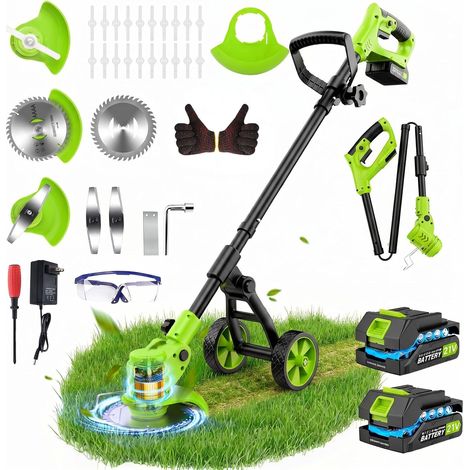 Débroussailleuse Batterie 21V avec 2 Batteries, Coupe Bordure sans Fil avec Roues Amovibles, 4 Types De Lames, Taille Bordure Convient pour Tondre Le Jardin et la Pelouse (1/5)