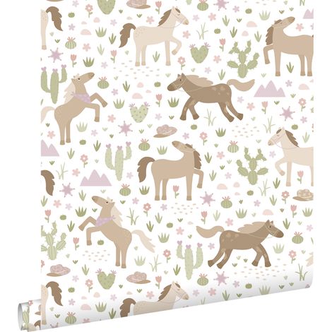 papier peint cheveaux marron, vert et violet - ESTAhome