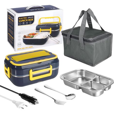 2-in-1 electric lunch box for car and home - 3 compartments, removable 304 stainless steel container, fork and spoon and insulated bag (blue) (1/5)