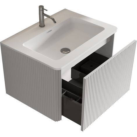 Meuble de salle de bain mural blanc 60 cm avec lavabo en Minéralcast et rangements, préassemblé (1/5)