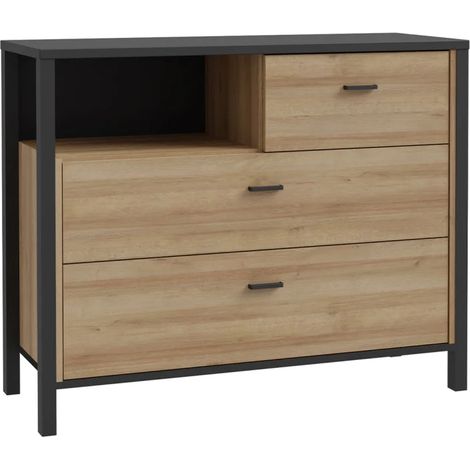 Commode 105 cm 3 tiroirs 1 niche décor bois chêne et noir - MODE