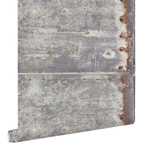 Papier peint intissé plaques métalliques gris clair et brun rouille – Dimensions 53cm x 10.05m – Raccord droit – Pose facile sans table – Estahome