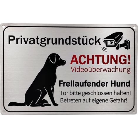 Panneau Chien En Liberté - Aluminium Brossé 30 x 20 cm - Pour Surveillance Vidéo Et Signalisation Terrain Privé - 1 Pièce (1/5)