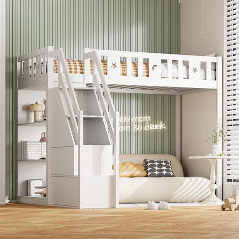 Cama alta de madera de pino blanco de 90x200 cm con escalera de almacenamiento, estantes y base de láminas.