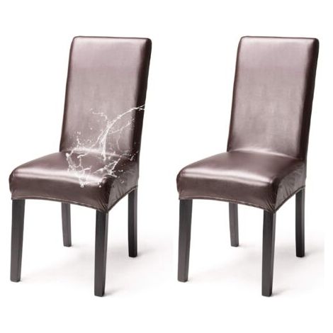 Lot de 2 housses de chaise simili cuir imperméable – Extensibles pour dos haut – Résistantes à l'eau et à l'huile – Salle à manger, restaurant, mariage (1/5)