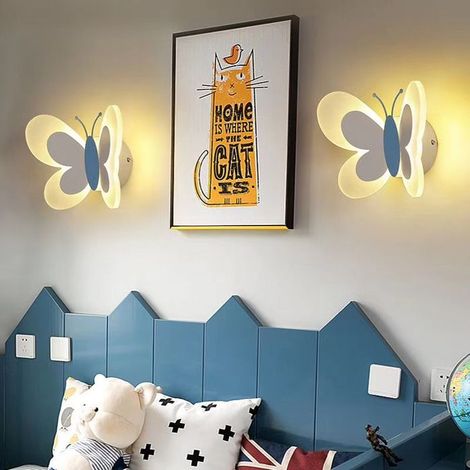 Applique Murale LED Interieur avec Interrupteur, 14W Lampe Applique de Chevet en Papillon Rose Éclairage Mural de Couleur(Bleu) (1/3)