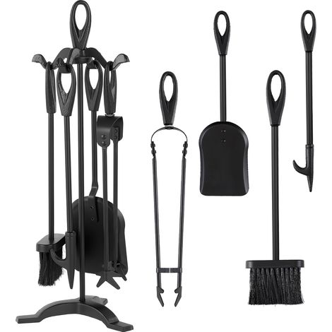 Ensemble Serviteur Cheminée Noir 5 pièces Accessoire cheminee 64cm outils à feu cheminée accessoire cheminee a bois pince Support Noir (1/5)