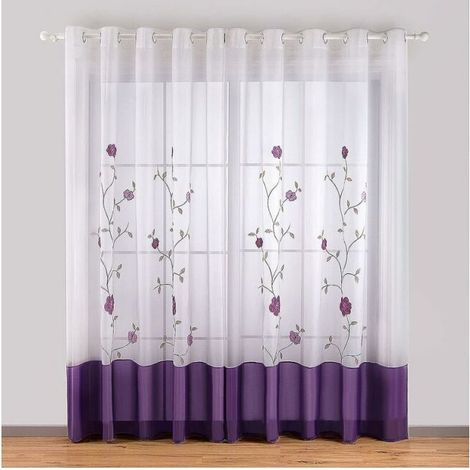 FLITI Ösenvorhänge, 140 x 245 cm, mit Blumenstickerei, Voile, für Schlafzimmer, Küche, Wohnzimmer, Violett, 2er-Set
