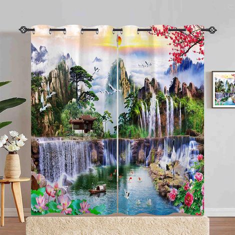 Rideau Occultant Paysage Montagne Cascade Tenture Opaque à Oeillets Draperies Intérieurs Rideau Thermique Isolant pour Maison Chambre Salon Fenetre 2 Pièces L 140 x H 280 cm - 140L X 280H cm (2 Pannea (1/5)