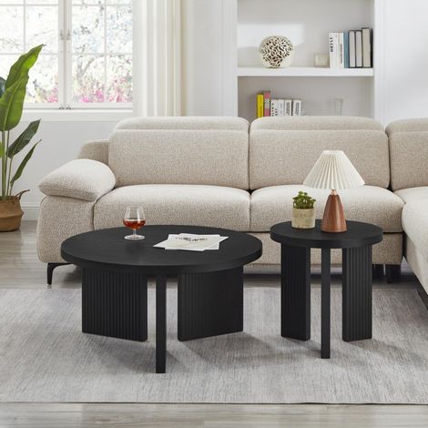 Ensemble 2 tables basses rondes modernes structure rainurée, élégant fonctionnel, salon bureau, dimensions 80x80x42 cm, noir (1/5)