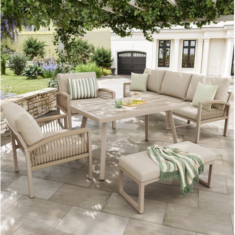 Salon de jardin 7 places beige en acier avec table 100/60/110 cm et accoudoirs tressés (1/5)