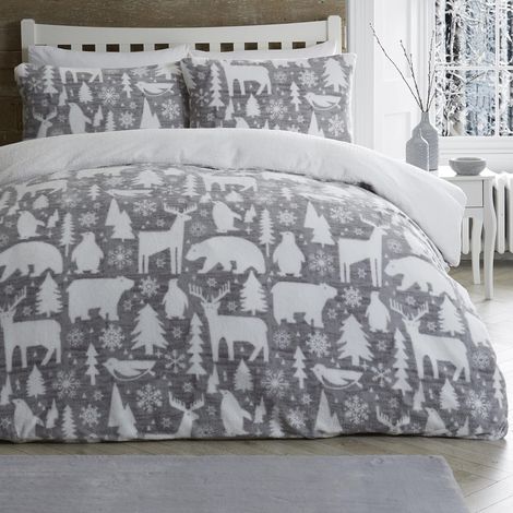 Housse de Couette Polaire Artic Animals Teddy - 140 x 200 cm - 1x taie d'oreiller - Housse de Couette Ours Polaire, cerf et Pingouin - Parure de lit de Noël/Literie d'hiver (1/4)