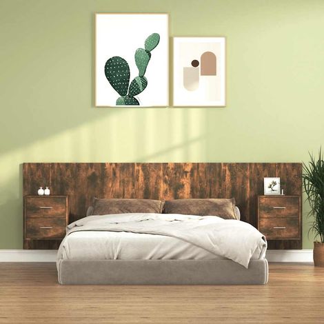 Tête de lit avec 2 tables de chevet murales en bois d’ingénierie, chêne fumé, 44.9kg - PANGIVO (1/5)
