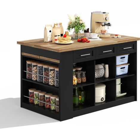 Kücheninsel Schwarz mit ausziehbarem Tisch, Holzoptik-Platte, MDF, 150 x 90 x 90 cm (1/5)