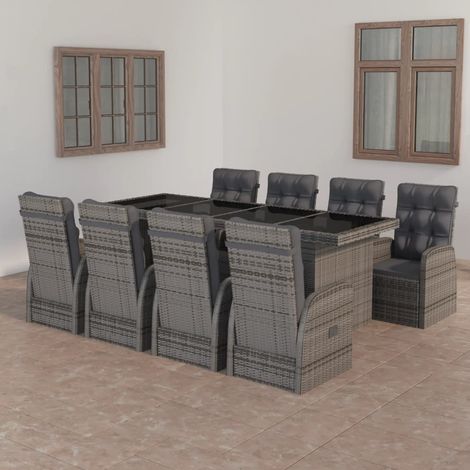 9 pcs Mobilier à dîner jardin avec coussins Ensemble table et chaise de jardin Résine tressée Gris RTITTK43466 (1/5)