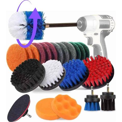 Kit de 23 brosses pour perceuse – Brosses de nettoyage pour perceuses – Brosse de ponçage à poils en nylon – Comprend des éponges à poncer et des tampons de polissage – Idéal pour la salle de bain, la (1/5)