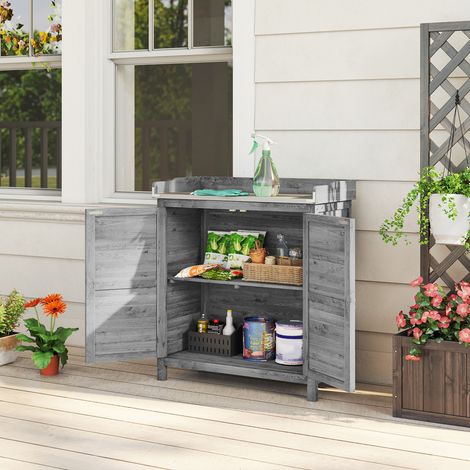 Mesa de jardinería con base de madera, armario de jardín exterior con encimera galvanizada, 2 estantes, gris. (1/5)