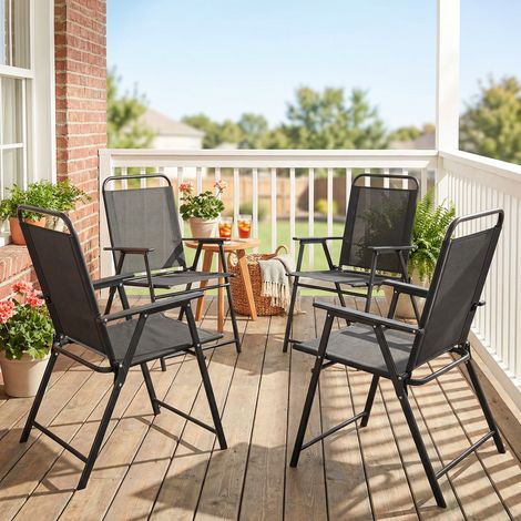Lot de 4 chaises de jardin pliantes avec accoudoirs, chaises d'extérieur avec assise large en textilène, noir (1/5)