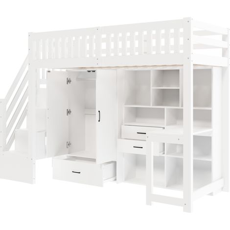Kinder-Hochbett 90 x 200 cm mit Schreibtisch, Kleiderschrank und Stauraum, Weiß HOMVRA (1/5)
