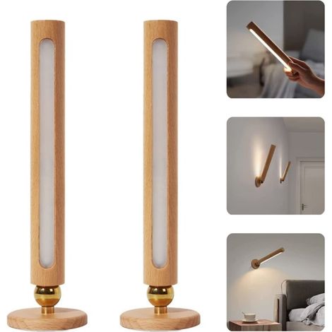 Lampada da parete a LED in legno magnetico girevole a 360 gradi, lampada da parete ricaricabile, staccabile, luce notturna USB con regolazione continua, adatta per camera da letto, 2 pezzi