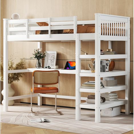 MEUBLIV Cama alta 90x200 cm blanca – escritorio y almacenaje integrados, sin colchón (1/5)