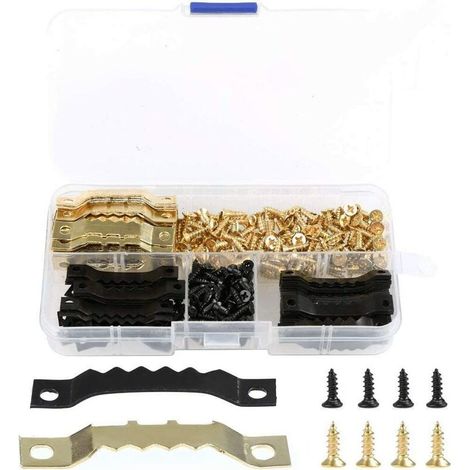 120 ganci resistenti per appendere cornici - Ganci a dente di sega a doppio foro con viti, 240 viti con scatola portaoggetti (oro e nero) (1/5)
