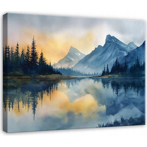 Tableau sur toile paysage de montagnes, forêt et lac – Décoration murale nature – 120 x 80 cm (1/5)