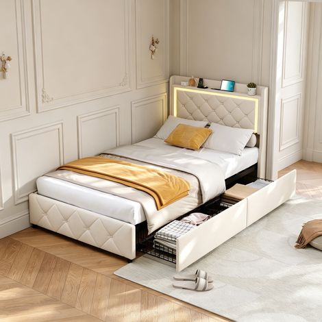 Lit simple 90x200 cm avec 2 tiroirs, tête de lit capitonné avec éclairage LED et port USB, sommier à lattes en bois (1/5)