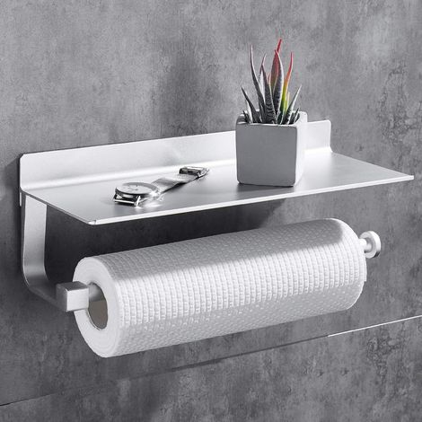 Soporte de pared para rollo de cocina sin necesidad de taladrar - Dispensador de toallas de papel espacioso - Plateado (1/3)