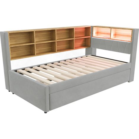 Letto da giorno 90x200 cm con letto estraibile 90x190, LED e USB/Type-C, grigio chiaro HOMVRA (1/5)