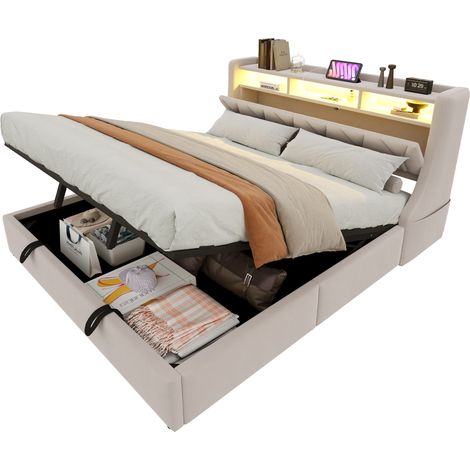 Lit Coffre 180x200 Cm Avec Sommier Relevable Tête De Lit Connectée Beige (1/5)