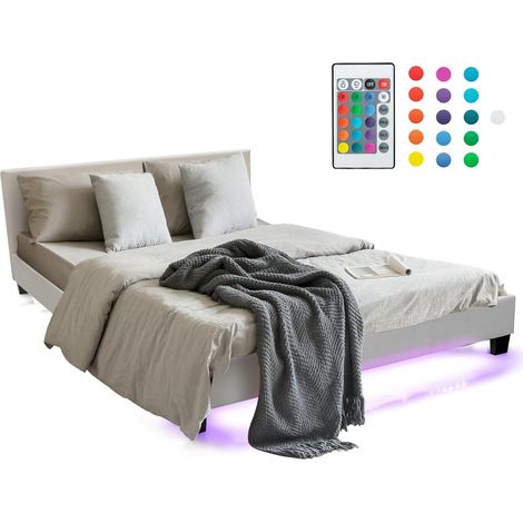 GOPLUS Lit Double Moderne Lumières d’Ambiance 4 Modes 16 Couleurs et Vitesse Ajustable,Télécommande, Cadre en Bois avec Charge 200KG, 210X145X66CM,Blanc (1/5)