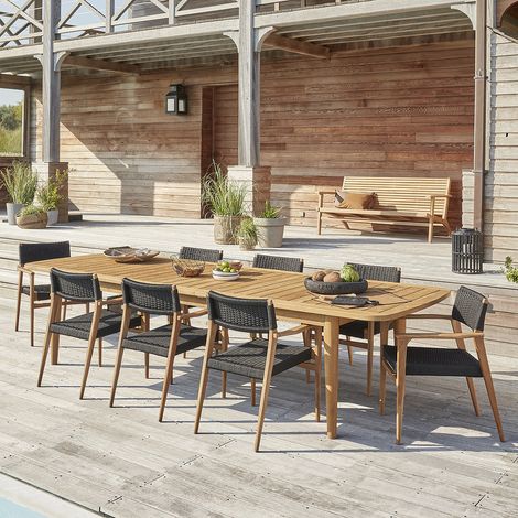 Salon de jardin  en teck recyclé et cordage noir extensible 8/10 places