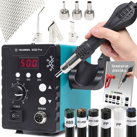 TECHREBAL 858D Pro Heißluft-Lötstation + Set mit 6 Lötzinnen + Düsen + Drahtgitter