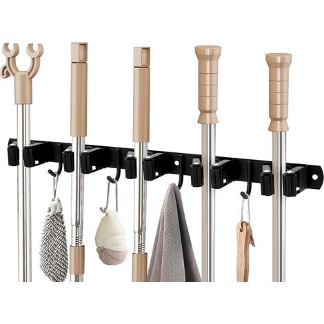 Porte-balais mural en acier inoxydable avec 5 supports et 4 crochets - porte-outils mural pour jardin, balcon, salle de bain, jardin, cuisine