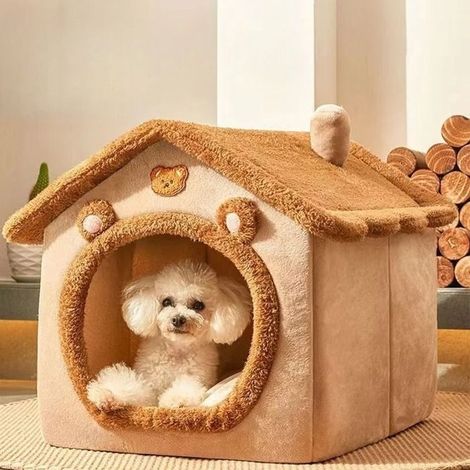 Niche douce lavable pour chien/chat M (40×35×38 cm), coussin amovible, velours côtelé, usage 4 saisons – marron (1/5)