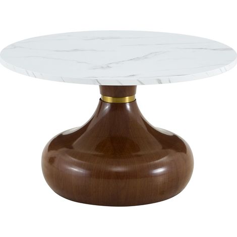 Set 2 tavolini rotondi effetto marmo con base a clessidra in finitura noce, design moderno (1/5)