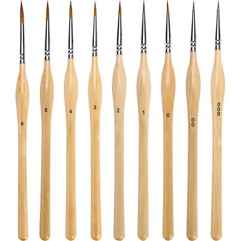 Brush Set - 9 Piece Miniature Detail Paint Brush - Nylon Bristle - Natural Wood Handle - For Oil Acrylic Watercolor Gouache - 17.8 Cm (1/5)