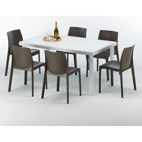 Tavolo Rettangolare Bianco 150x90 cm con 6 Sedie Colorate Rome Summerlife - Marrone
