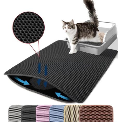 Tapis de litière pour chat, double couche, nid d'abeille, antidérapant, imperméable et anti-urine, accessoire pour chat, 6090 cm, noir (1/5)