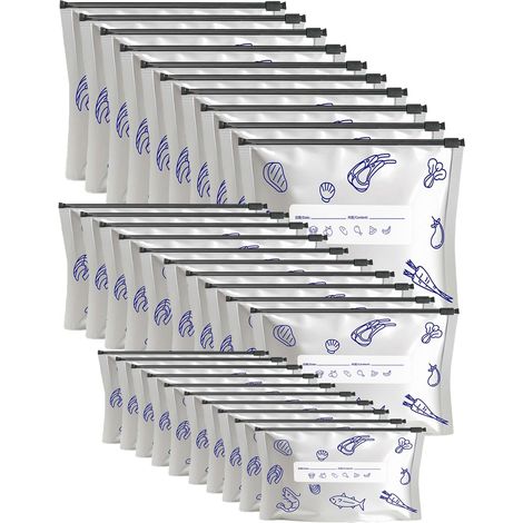 Packung mit 30 wiederverschließbaren Gefrierbeuteln mit Zippverschluss für die längere Aufbewahrung von Lebensmitteln, wiederverwendbare Aluminiumbeutel mit Beschriftungsfeld.