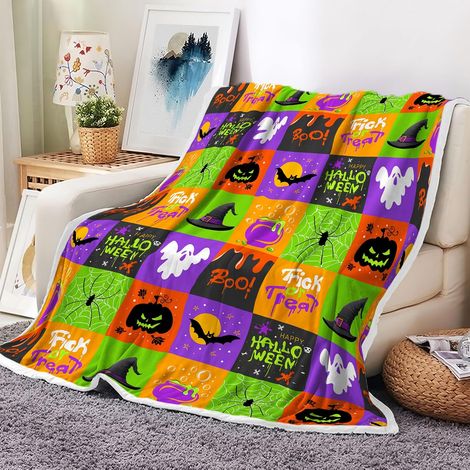 Plaid Halloween – Motif chauve-souris gothique, citrouille et style rétro – Couverture douillette en flanelle polaire pour lit ou canapé – Décoration pour salon et chambre (1/5)